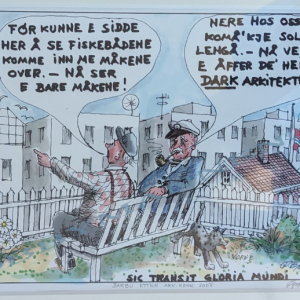 ironisk bilde av to mennesker som klager over muren som skulle komme i Arendal, tegnet av Øystein Bjørløw