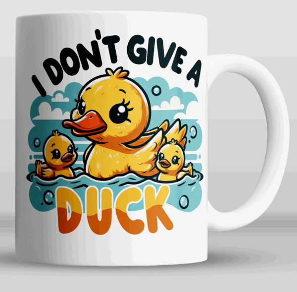 Søt tegning av en andemor med 2 barn på hver sin side med teksten: I don't give a duck