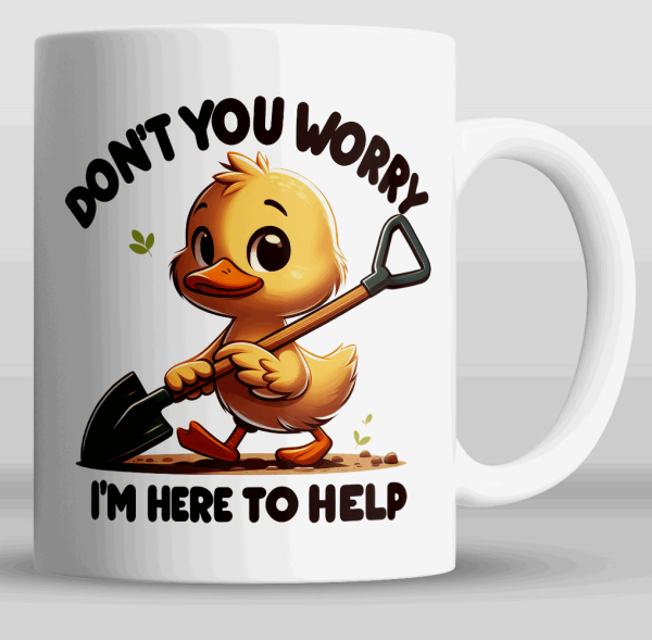 Bilde av en søt liten and som går å bærer på en spade meksten, Don't you worry - I'm here to help
