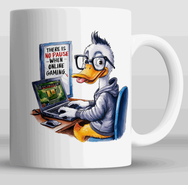 Humoristisk tegning av an menneskelignende and som stiter foran en pc som viser på skjermen, There is no pause when online gameing