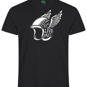 Svart tshjorte av med hjelm som er påsatt vinger på hver side som vender bakover, med tekst på sidene free soul og live fast