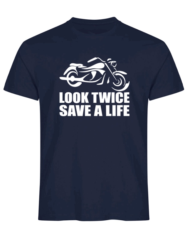 Marineblå tskjorte med silouette av en motorsykkel, og teksten under Look Twice - Save a life