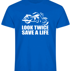 Blå silouette i hvitt av en motorsykkel, og teksten under Look Twice - Save a life