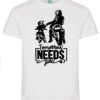 t-shirt med grafisk illustrasjon av en person på stor motorsykkel "bouncer" med en liten gutt på sin moped/motorsykkel, med teksten under: Tomorrow Needs You